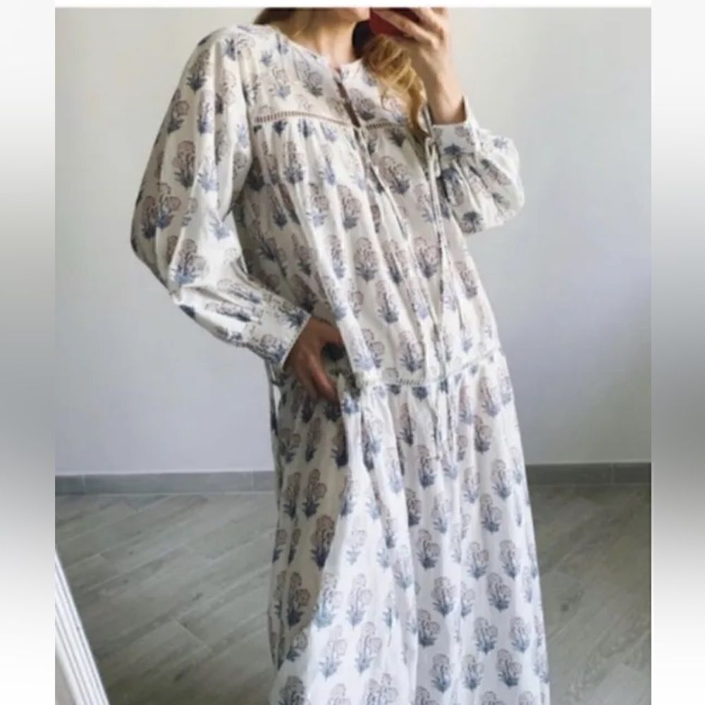 Zara Maxi Dress Block Print Boho Flowy Long Sleeves Floral Cream Blue Pink S - Picture 7 of 16